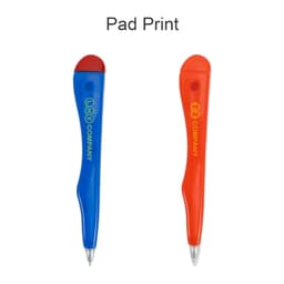 Two ballpoint pens in blue and red with rounded tops, each featuring a logo on the barrel.