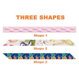 A long scarf featuring three distinct designs: floral, abstract patterns, and a fruit motif, with a branded logo.