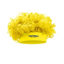 A bright yellow Afro headband wig with curly hair and a branded yellow band.