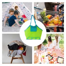 A vibrant green mesh beach toy bag surrounded by images of children playing, groceries, clothes, and a picnic setup.
