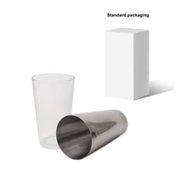 A cocktail shaker set featuring a clear glass and a silver metal shaker, presented in standard packaging.
