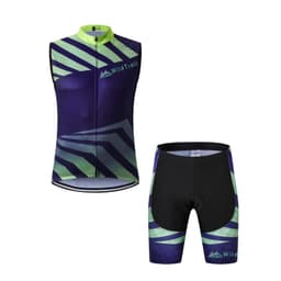 A men's cycling vest in purple and green with a stylish geometric pattern, paired with matching shorts. Features a logo.