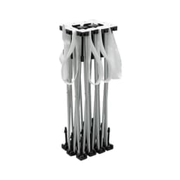 A compact assembly of a Straight Fabric Popup Display with silver poles and black connectors, featuring white fabric.