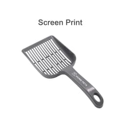 A large cat litter scoop in grey, featuring a slotted scoop design and a handle with a branding logo.