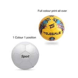A yellow training soccer ball with colourful designs and a white soccer ball featuring the word "Sport" in black.