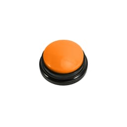 An orange button with a glossy finish, set on a black base. The button is round and prominent.