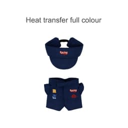 A plush doll racing suit set in navy featuring a visor and shorts, with a logo and colourful details.