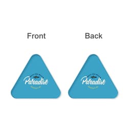 A triangular clear acrylic coaster in bright blue featuring a logo on one side.