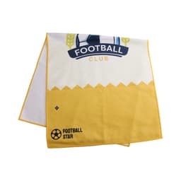 A yellow and white sports towel featuring a logo and design related to football.