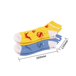 Ankle custom pattern woven socks in yellow and blue, featuring assorted playful designs and a logo.