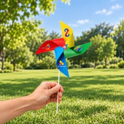 A hand holds a vibrant four-leaf pinwheel in red, yellow, green, and blue against a sunny outdoor background.