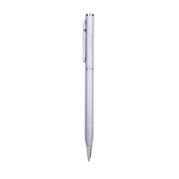A silver aluminium cross pen with a sleek design and a chrome clip, featuring a branding logo.