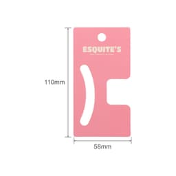A pink product card featuring a cut-out design, with a logo at the top and dimensions shown.