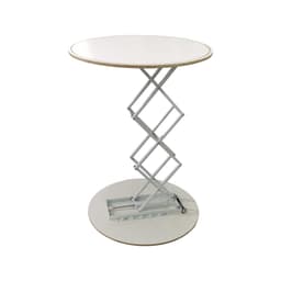 A round, backlit LED display featuring a white top and a silver scissor-like base. It includes a logo.