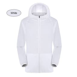 A white unisex jacket made from 100% polyester, featuring a hood and sun protection, with a logo present.