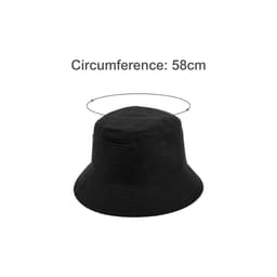 A black bucket hat featuring a card pocket and a circumference of 58cm. It has a simple, sleek design.