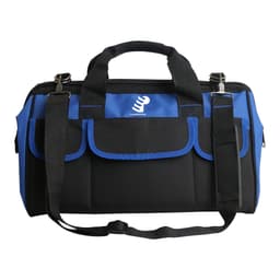 A tool bag in black and blue, featuring multiple pockets and handles, along with an adjustable shoulder strap.