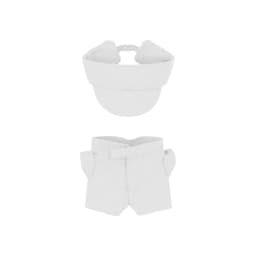 A plush doll outfit set featuring a white racing suit and matching cap, suitable for 10cm dolls, with a logo.