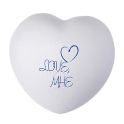 A white heart-shaped stress reliever with blue text reading "LOVE, MHE" and a heart graphic.