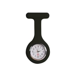 A silicone nurse watch in black with a round face and clear numerical markings, featuring a logo.