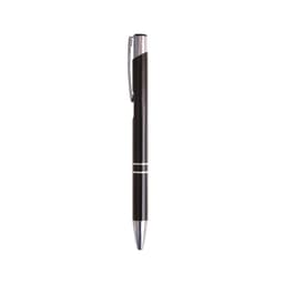 A sleek black aluminum click pen with a silver accent and clip, featuring a chrome tip and detailing.