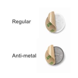 Two types of NFC custom PET stickers are displayed: a regular sticker and an anti-metal sticker, each with a distinctive backing.