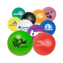A collection of colourful 50mm ball-shaped stress relievers in various vibrant colours, featuring different logos.