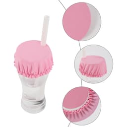 A drink bottle with a pink anti-spike cover and a straw, featuring a gathered design and a transparent glass.