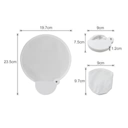 A foldable fan in white, measuring 20cm when extended, compact for easy storage. Includes a small pouch.