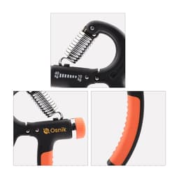 A black and orange adjustable hand grip with a coiled spring, featuring a logo and measurement markings.