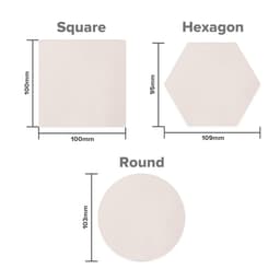 A set of cream coasters in square, hexagon, and round shapes, each with specified dimensions. Each has a logo.