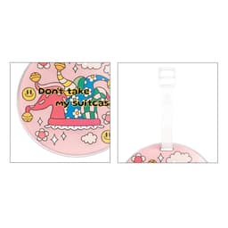 Acrylic luggage tag in pink featuring a cartoon snail design with colourful patterns and a white strap.