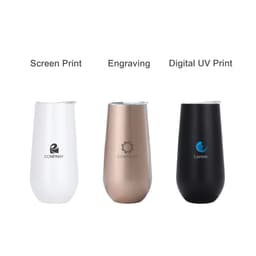 Three vacuum champagne flutes in white, gold, and black, each featuring a logo or branding.