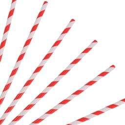 A group of red and white striped disposable 3-ply paper straws arranged diagonally against a white background.