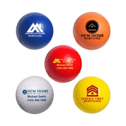 A set of five golf ball-shaped stress relievers in white, orange, red, yellow, and a textured design with logos.