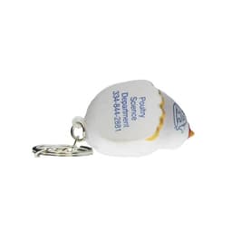 A keyring featuring a white rooster-shaped stress reliever with a branding logo.