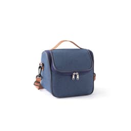 A navy blue customizable lunch bag with a zip closure and a detachable strap. It includes a carry handle.