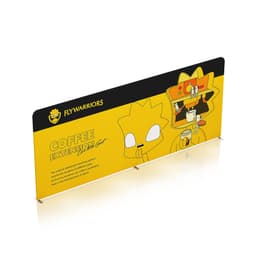 A 6m straight tension fabric display wall featuring a vibrant yellow background with cartoon characters and a logo.