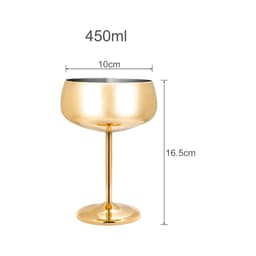 A gold stainless steel cocktail coupe with a polished finish, measuring 16.5 cm tall and 10 cm wide, featuring a logo.
