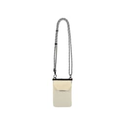 A minimalist crossbody phone bag in cream colour with a patterned strap and a flap closure. Features a branding logo.