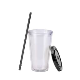 A clear 16oz plastic cup with a black lid and straw, featuring a sleek design.
