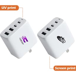 A universal travel adapter in white with four USB ports, featuring two branding logos.