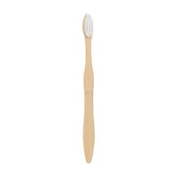 A large wavy handle toothbrush in a natural wood tone with white bristles and a simple design.