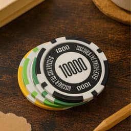 A set of colourful poker chips in white, green, yellow, and black, featuring various numerical values.