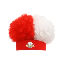 A red and white curly Afro headband wig with a logo on the front.