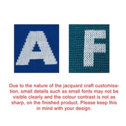 A close-up of fabric showing bold letters "A" and "F" in contrasting colours, with a textured pattern.