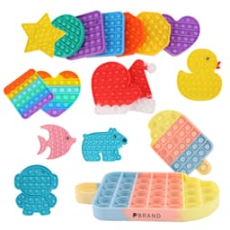 A collection of colourful Pop It fidget toys in various shapes including stars, hearts, a duck, and a bear.