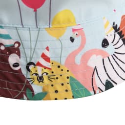 A colourful bucket hat featuring playful animal illustrations, including a bear, leopard, flamingo, and zebra.