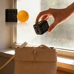 A hand holding a black mini universal travel adapter above a light-coloured handbag, with a small orange nearby.