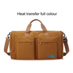 A foldable travel duffle bag in a warm brown colour with two front pockets and a branded logo.
